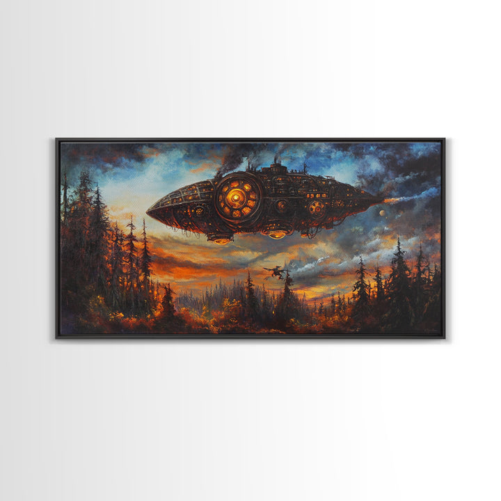 Dark Steampunk Airship Above Pine Forest Sunset Framed Canvas Print, Dystopian Sci Fi Wall Art, Moody Living Room Office Decor