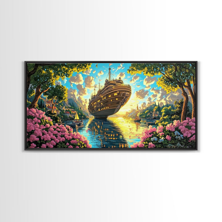 Ornate Floating Ship In Garden Harbor Canvas Print, Whimsical Fantasy Coastal Wall Art, Bright Lake House Living Room Decor