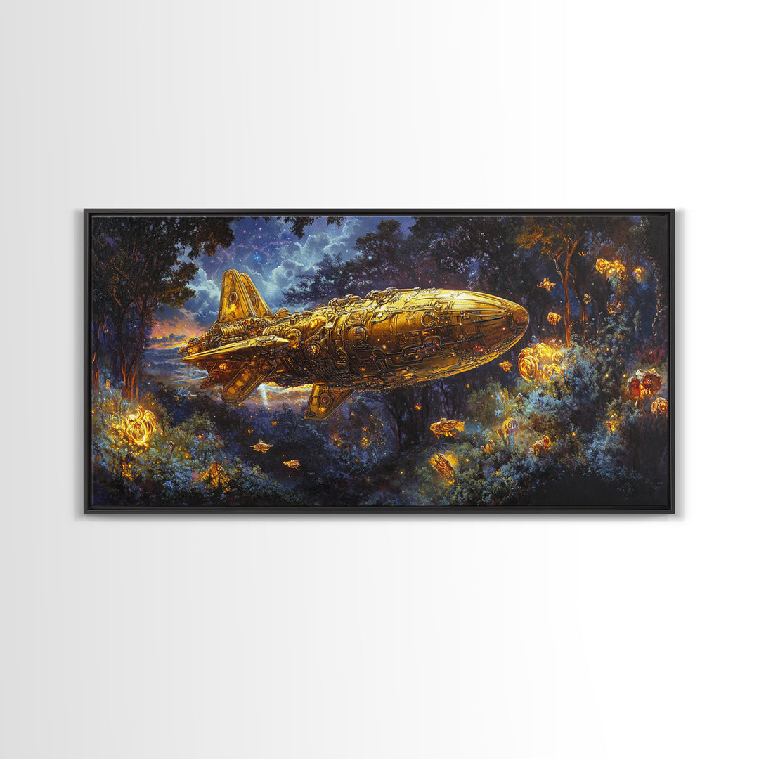 Golden Rocket Airship In Enchanted Night Forest Framed Canvas Print, Fantasy Wall Art, Firefly Woodland Decor For Bedroom