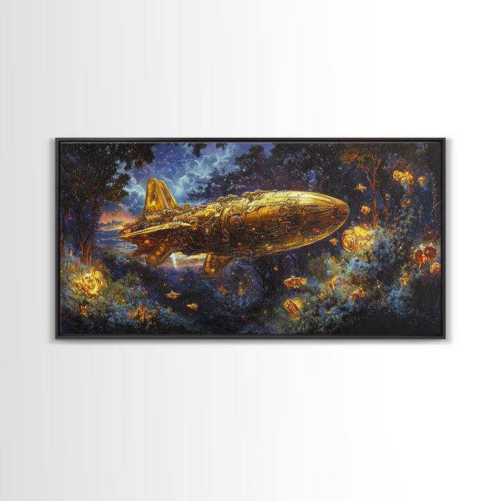Golden Rocket Airship In Enchanted Night Forest Framed Canvas Print, Fantasy Wall Art, Firefly Woodland Decor For Bedroom