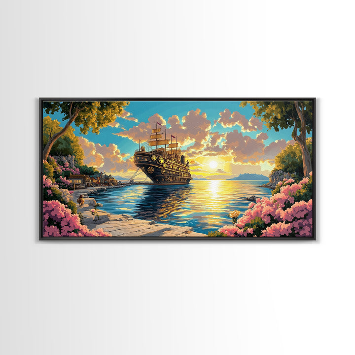 Ornate Steampunk Ship Docked In Flower Harbor Canvas Print, Fantasy Coastal Wall Art, Golden Sunset Living Room Decor Gift