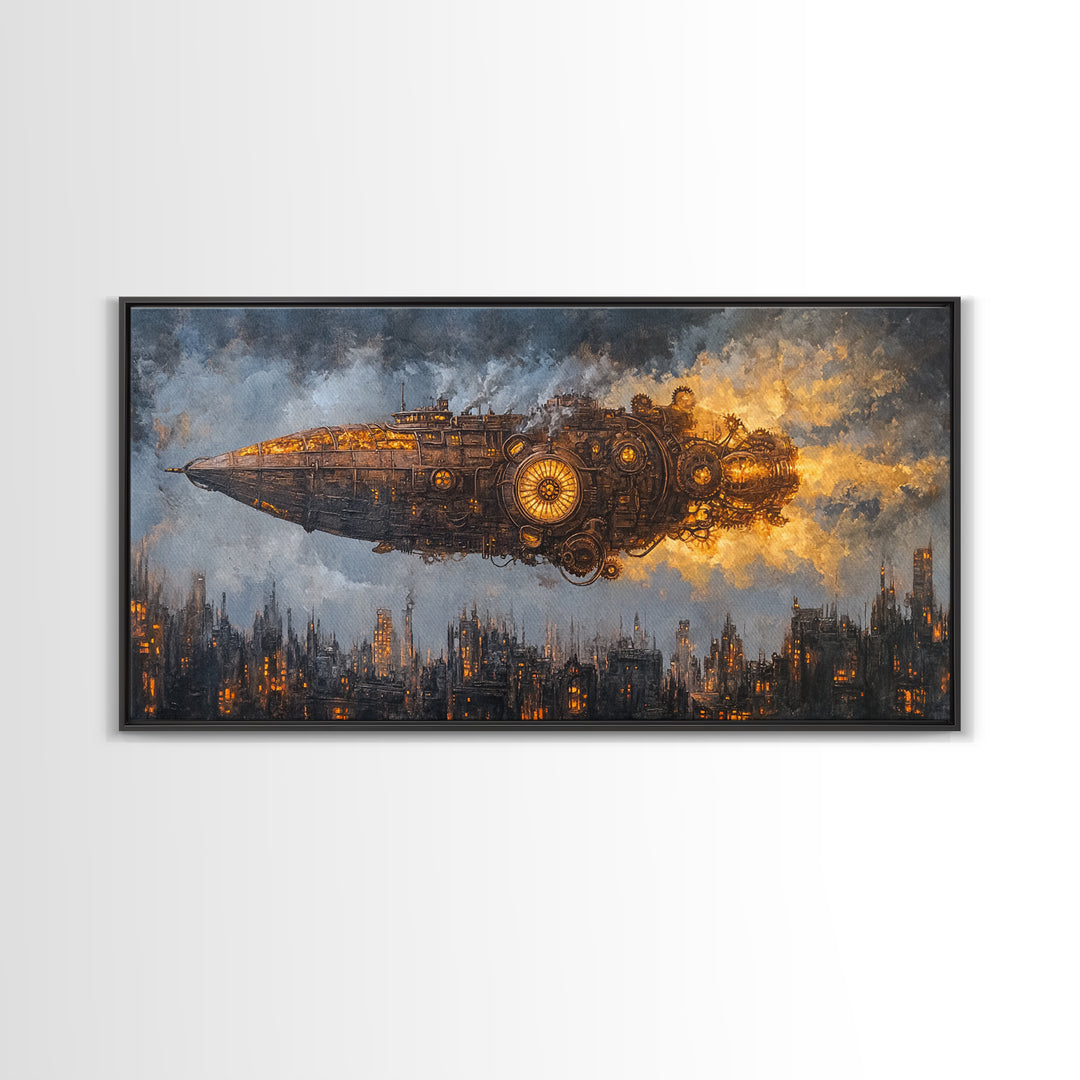 Steampunk Starship Over Smoky Dystopian Skyline Framed Canvas Print, Sci Fi Wall Art For Industrial Office And Man Cave Decor