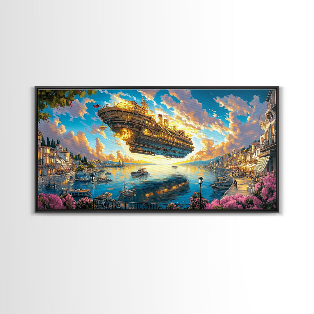 Golden Airship Above Mediterranean Harbor Canvas Print, Fantasy Travel Wall Art For Coastal Decor And Elegant Living Room Decor