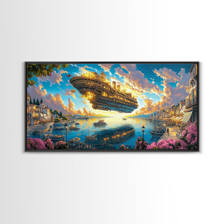 Golden Airship Above Mediterranean Harbor Canvas Print, Fantasy Travel Wall Art For Coastal Decor And Elegant Living Room Decor