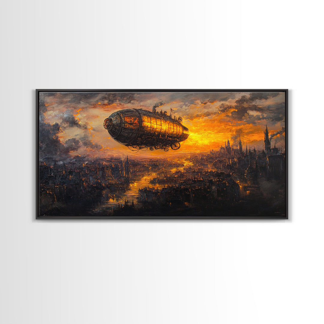 Moody Steampunk Airship At Fiery Sunset Framed Canvas Print, Dystopian City Wall Art For Gothic Office And Masculine Decor