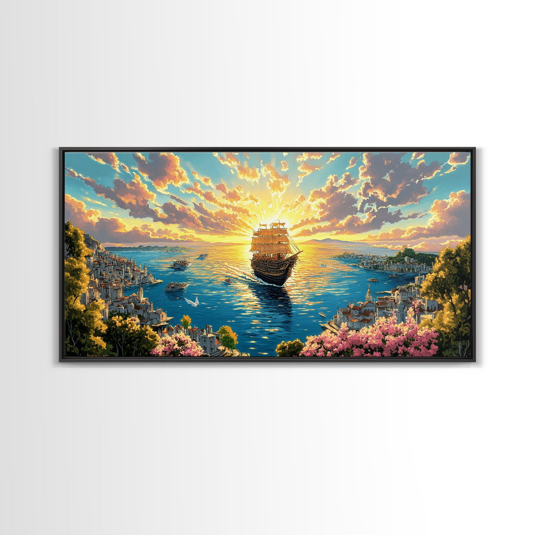 Radiant Tall Ship Sailing Into Golden Sunset Canvas Print, Nautical Wall Art For Coastal Living Room And Beach House Decor