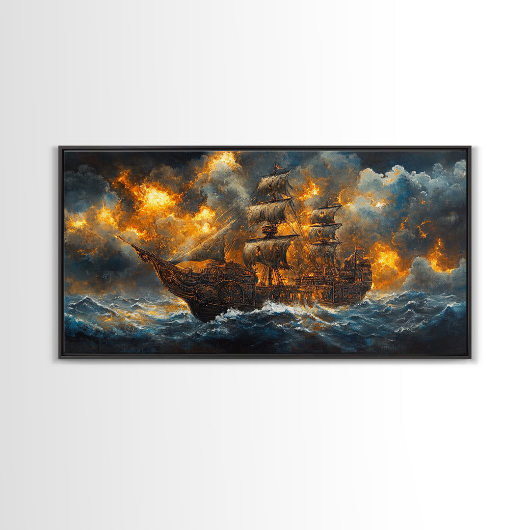 Stormy Pirate Ship In Fiery Seas Framed Canvas Print, Dramatic Nautical Wall Art For Gothic Decor And Fantasy Home Decor