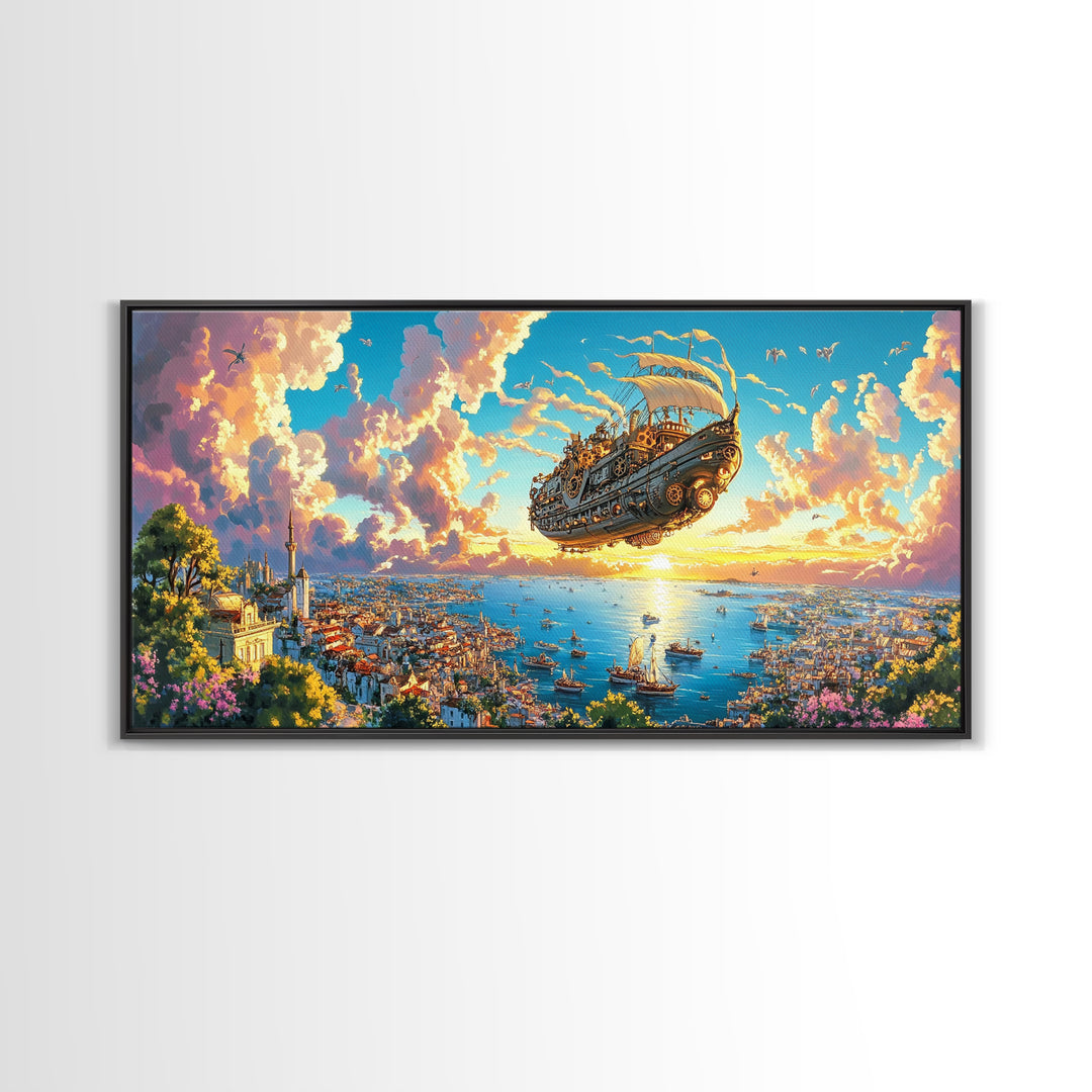 Flying Galleon Above Sunlit Coastal City Canvas Print, Whimsical Fantasy Wall Art For Travel Decor And Bright Living Room