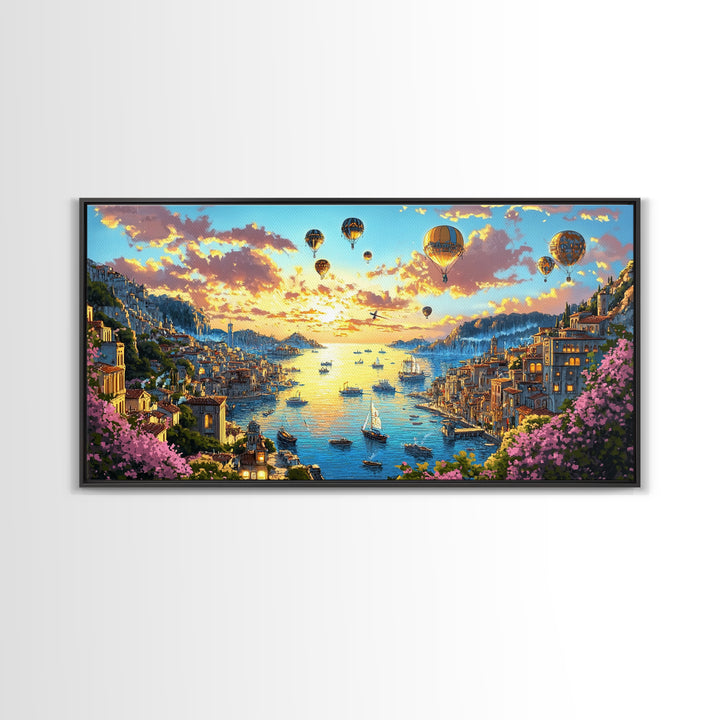 Hot Air Balloons Over Golden Harbor Canvas Print, Whimsical Coastal Wall Art For Travel Inspired Decor And Living Room Decor