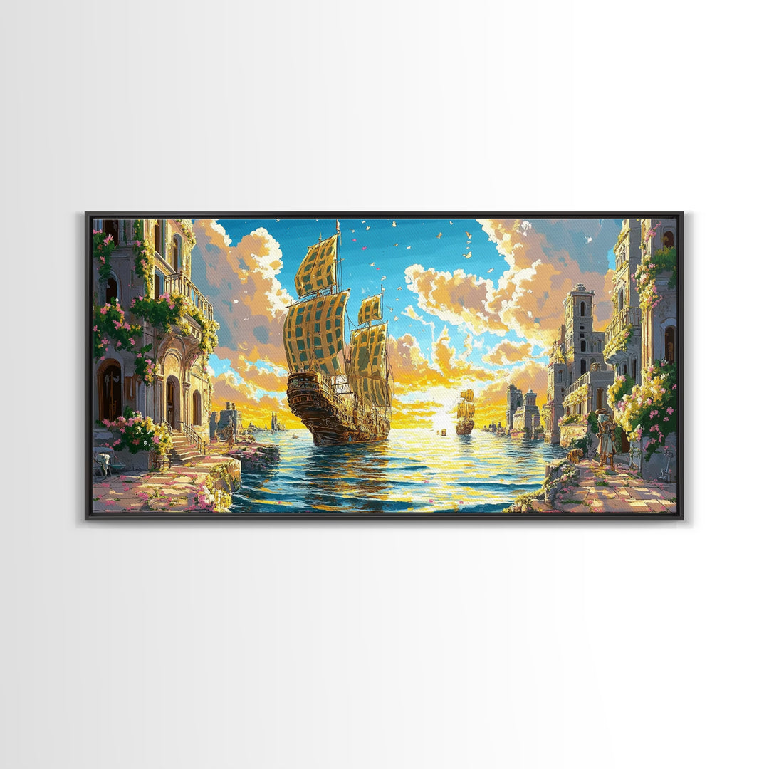 Golden Sailing Ship Canal Wall Art, Mediterranean Coastal Decor, Fantasy Seascape Canvas Print, Vibrant Living Room Art Print