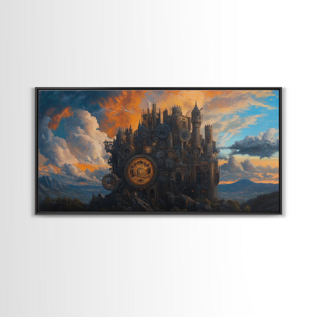 Dark Mechanical Castle At Dusk Wall Art, Gothic Steampunk Fantasy, Moody Landscape Framed Canvas Print, Statement Office Decor