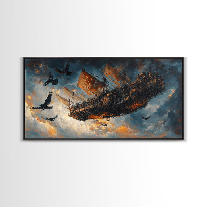 Dark Flying Pirate Ship Wall Art, Steampunk Fantasy Skyship, Gothic Adventure Canvas Print, Moody Sci Fi Office Decor Gift
