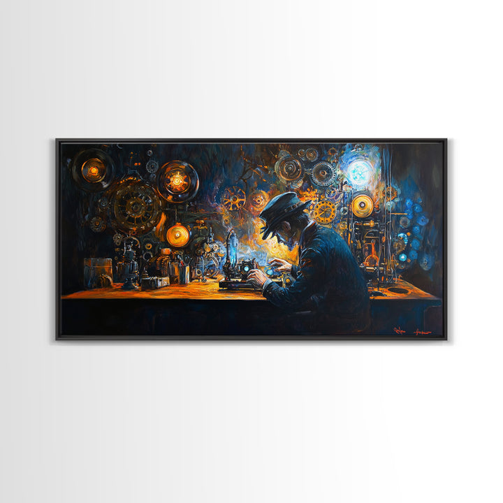 Steampunk Inventor At Workbench With Glowing Gears Framed Canvas Print, Dark Academia Wall Art, Office Decor, Gift For Him