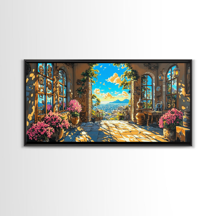 Sunlit Mediterranean Terrace With Pink Flowers Canvas Print, Coastal Wall Art, Italian Home Decor, Living Room Decor Gift