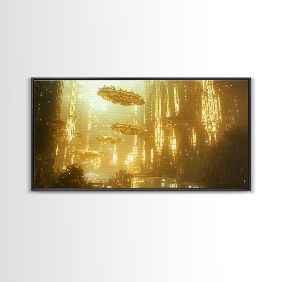 Golden Futuristic City With Floating Airships Framed Canvas Print, Sci Fi Wall Art, Cyberpunk Decor, Statement Artwork Gift For Him