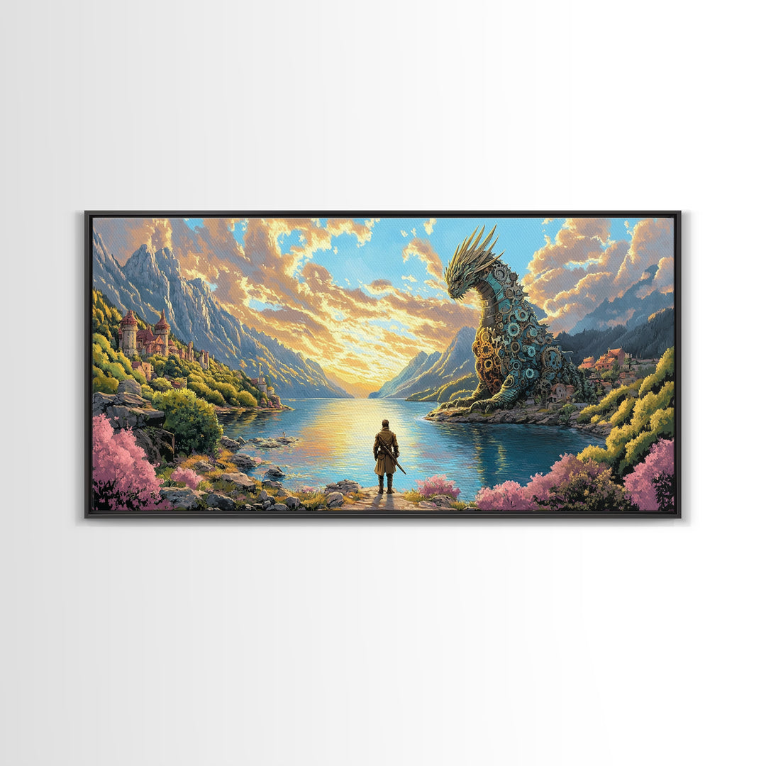 Hero Facing Giant Mechanical Dragon On Alpine Lake Canvas Print, Fantasy Wall Art, Mountain Wall Art, Adventure Home Decor