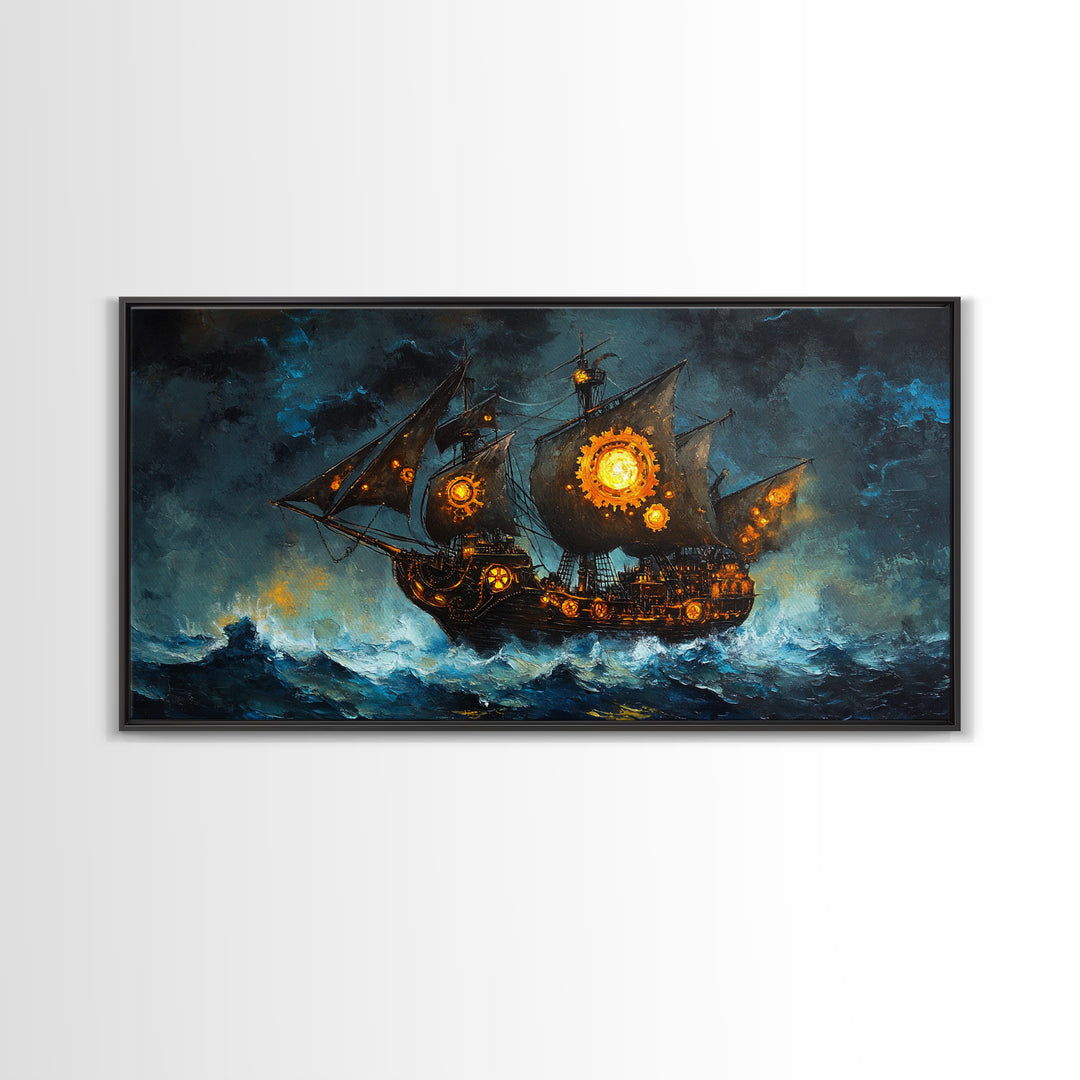 Stormy Steampunk Pirate Ship With Glowing Gears Canvas Print, Nautical Wall Art, Dark Fantasy Art, Moody Seascape Decor Gift For Him