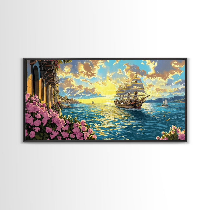 Sunset Tall Ship Sailing Past Flowered Balcony Canvas Print, Coastal Wall Art, Nautical Decor, Mediterranean Home Decor, Gift For Her
