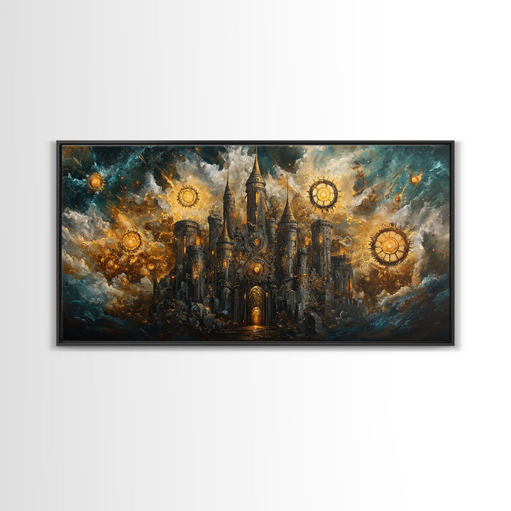 Dark Clockwork Castle Under Stormy Skies Framed Canvas Print, Gothic Wall Art, Steampunk Decor, Fantasy Home Decor, Statement Artwork