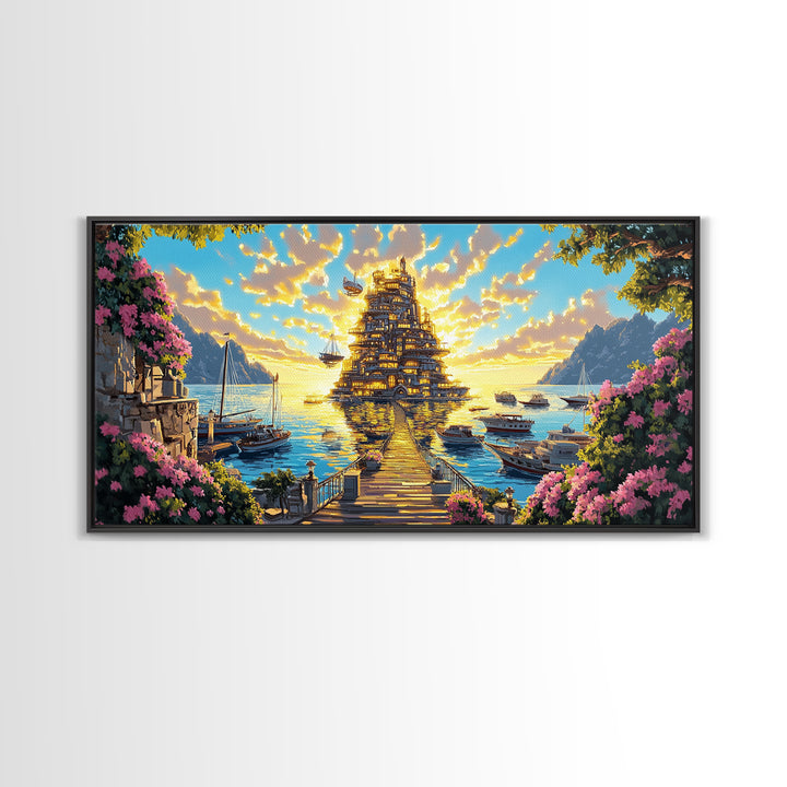 Golden Floating Temple At Sunset Wall Art, Fantasy Coastal Landscape Canvas, Dreamy Ocean Decor, Large Living Room Art Print