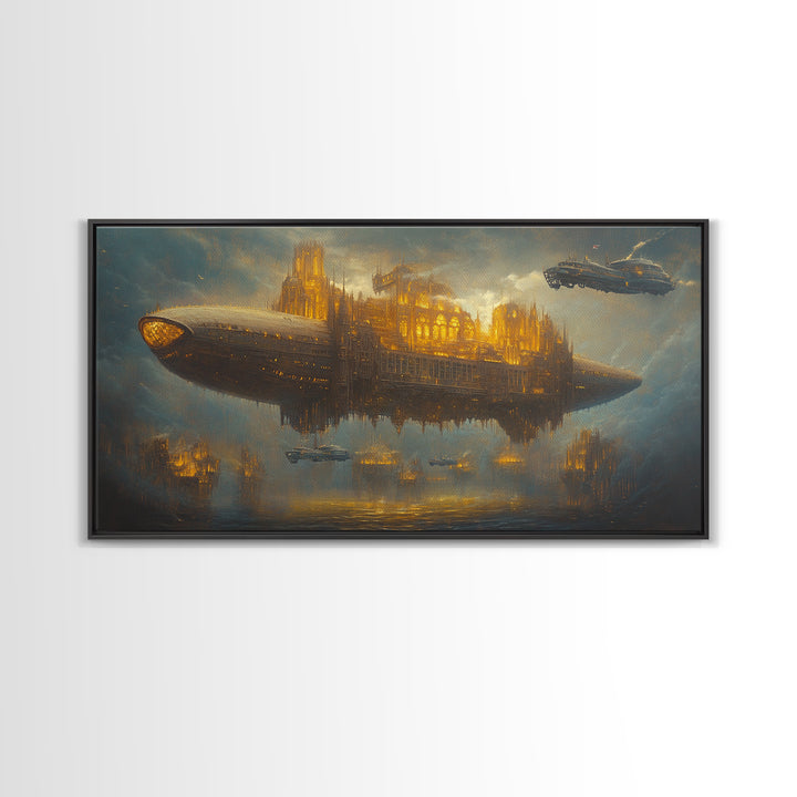Golden Steampunk Airship City Framed Canvas Print, Futuristic Sci Fi Wall Decor, Dark Fantasy Art For Office Decor, Gift For Him