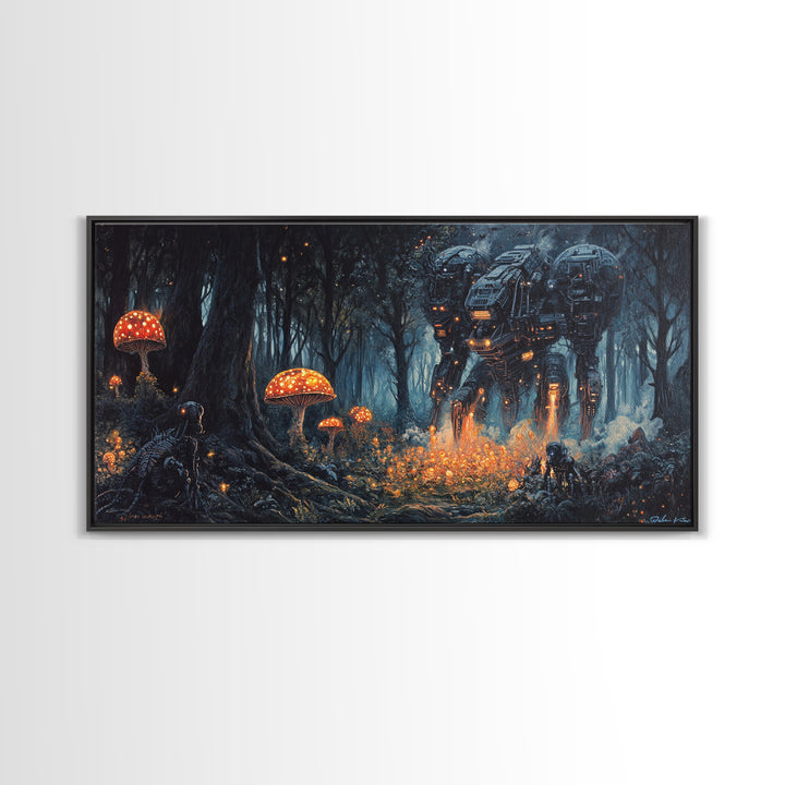 Glowing Mushroom Forest Mech Canvas Print, Dark Sci Fi Fantasy Wall Art, Cyberpunk Decor, Gamer Room Office Art, Gift For Him