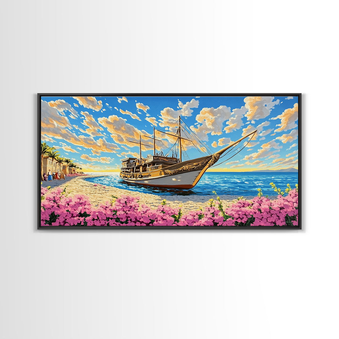 Classic Wooden Sailboat On Sunny Coast Wall Art, Nautical Canvas Print, Beach House Decor, Coastal Living Room Art Print