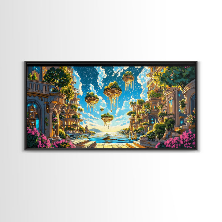 Floating Garden Islands Over Azure Sea Wall Art, Fantasy Coastal Canvas Print, Dreamy Mediterranean Home Decor Art Print