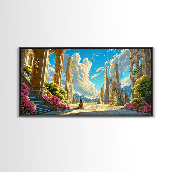 Sunlit Ancient Ruins And Mountain Vista Wall Art, Fantasy Landscape Canvas Print, Elegant Mediterranean Home Decor Print