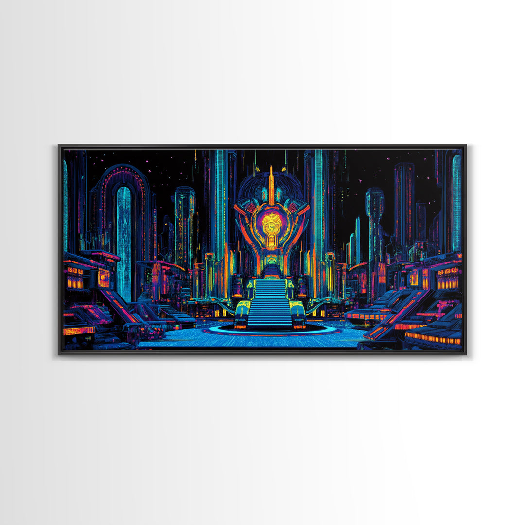 Neon Cyberpunk Throne Room Canvas Print, Futuristic Sci Fi Wall Art, Gaming Room Decor, Vibrant Office Wall Decor, Gift For Him