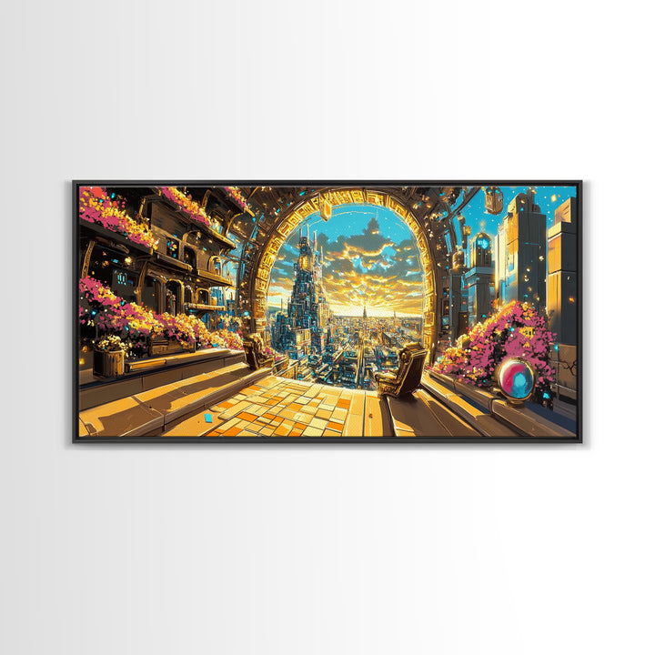 Golden Portal Balcony Over Future City Wall Art, Futuristic Canvas Print, Sci Fi Living Room Decor, Statement Office Art