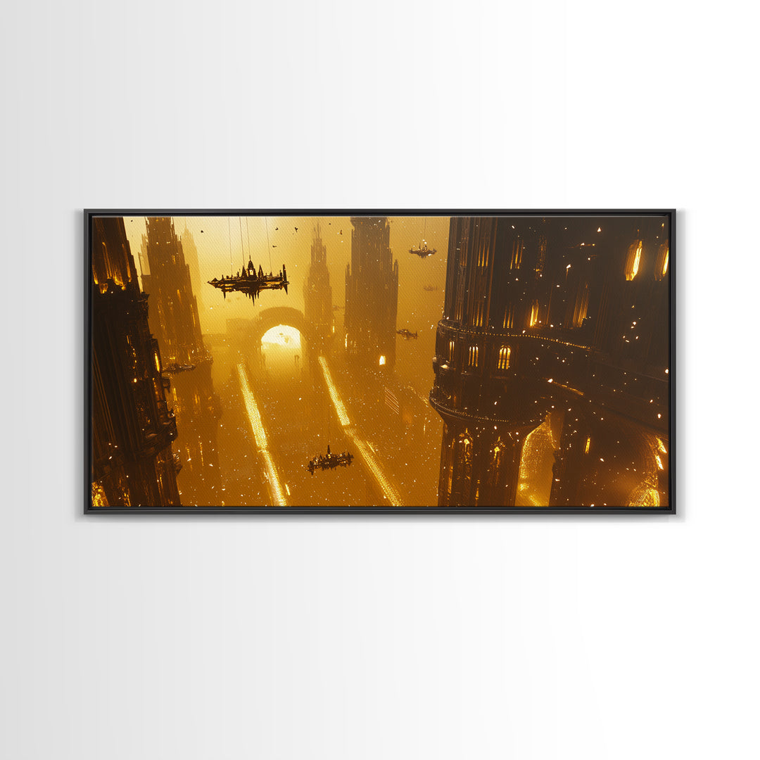 Golden Futuristic Megacity With Airships Wall Art, Sci Fi Cityscape Canvas, Cyberpunk Decor, Large Statement Living Room Print