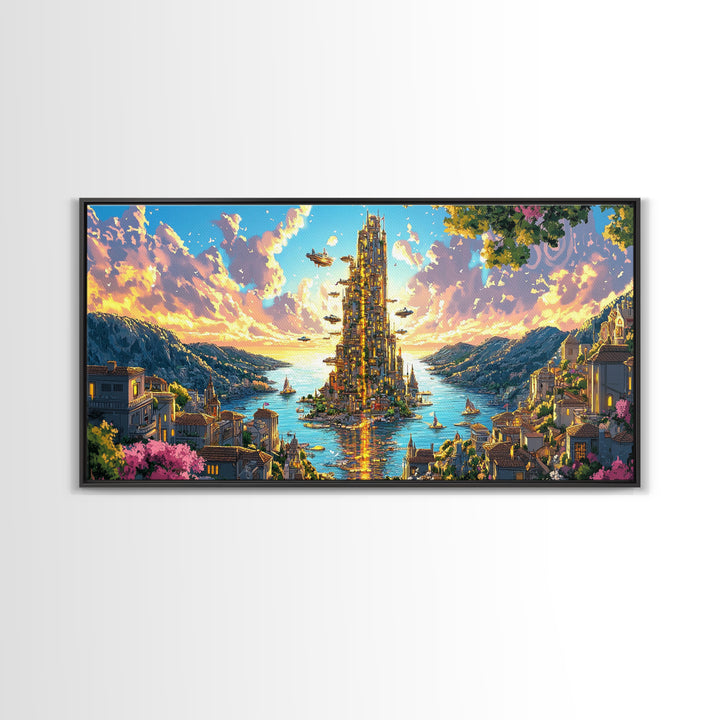 Radiant Island Tower And Alpine Bay Framed Canvas Print, Fantasy Coastal Wall Art, Italy Decor, Colorful Living Room Art