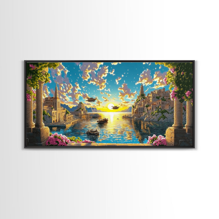 Sunlit Fantasy Harbor With Airships Canvas Print, Mediterranean Coastal Wall Art, Seascape Decor, Bright Living Room Print