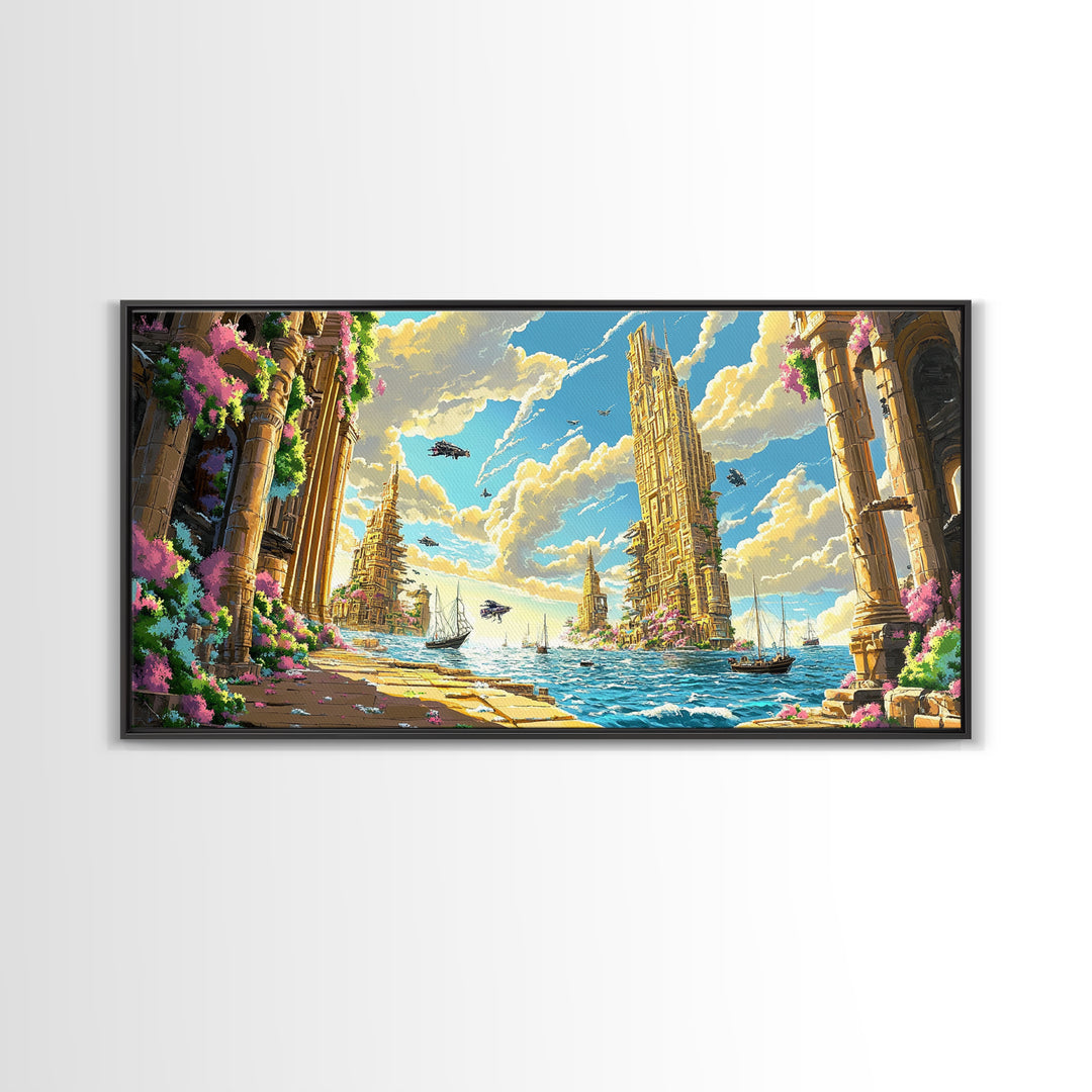 Blooming Fantasy Canal And Golden Towers Wall Art, Coastal Seascape Canvas, Mediterranean Decor, Large Horizontal Living Room Print