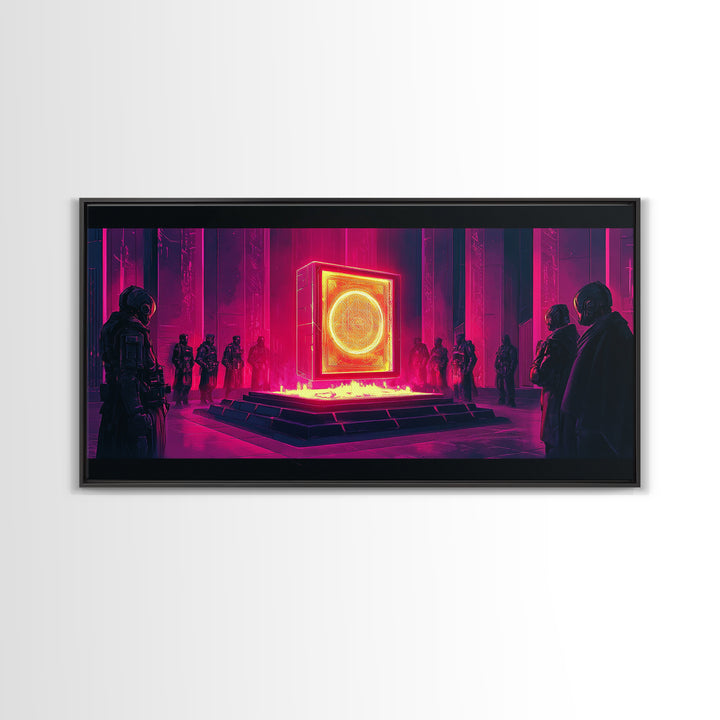 Neon Magenta Monolith Ritual Framed Canvas Print, Cyberpunk Wall Art, Sci Fi Decor, Dark Moody Futuristic Gallery Room Poster