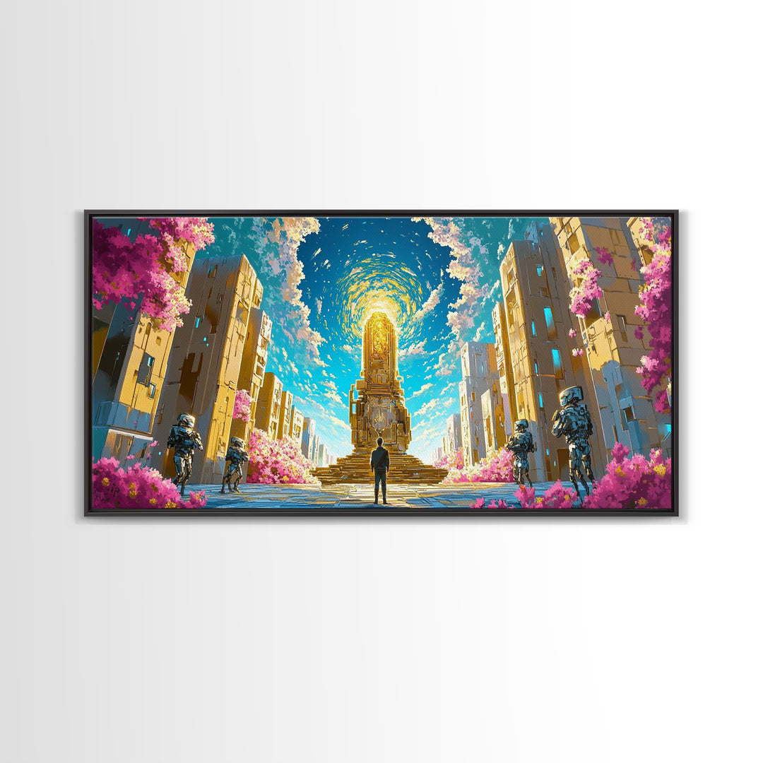 Celestial Portal Monument With Blossoms Wall Art, Modern Futuristic Sci Fi Canvas, Cyberpunk Decor, Vibrant Living Room Print