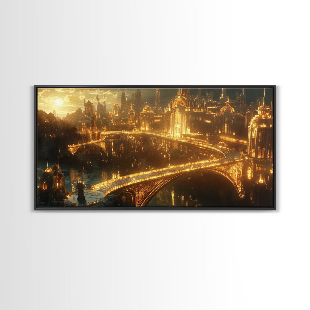 Golden Futuristic Palace City And Bridges Framed Canvas Print, Sci Fi Wall Art, Luxury Cityscape Large Statement Living Room Decor