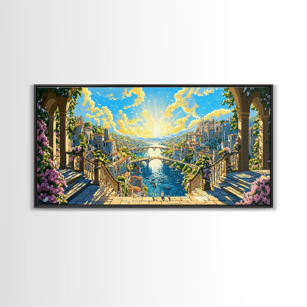 Sunlit Fantasy River City From Balcony Canvas Print, Mediterranean Wall Art, Colorful Coastal Decor, Bright Above Sofa Print