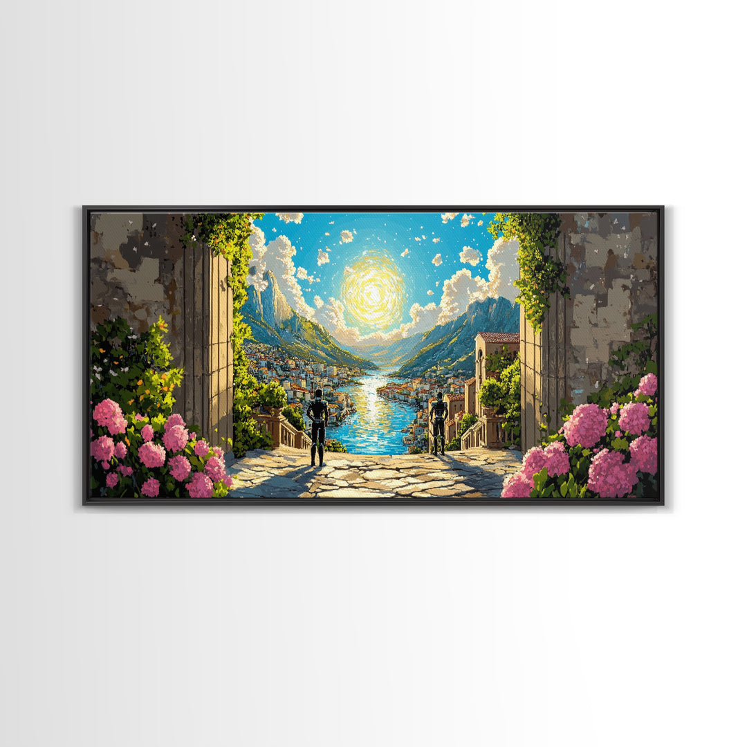 Radiant Alpine Lake Como Village Through Stone Arch Wall Art, Italian Landscape Print For Elegant Home Decor And Travel Lover Gift