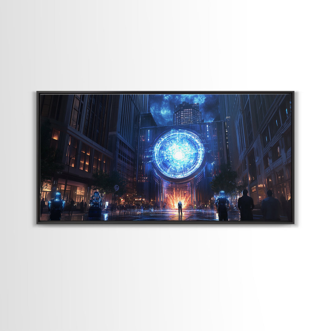 Blue Cosmic Portal Over Dark City Street Framed Canvas Print, Sci Fi Wall Art For Gaming Room Decor And Modern Cyberpunk Decor
