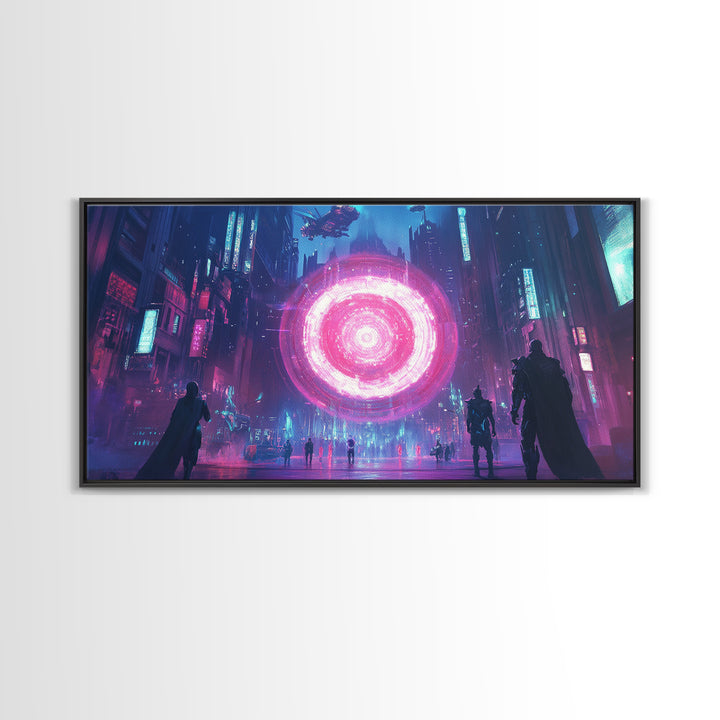Neon Pink Portal In Rainy Cyberpunk Megacity Canvas Print, Futuristic Wall Art For Gaming Room Decor And Sci Fi Gift For Him