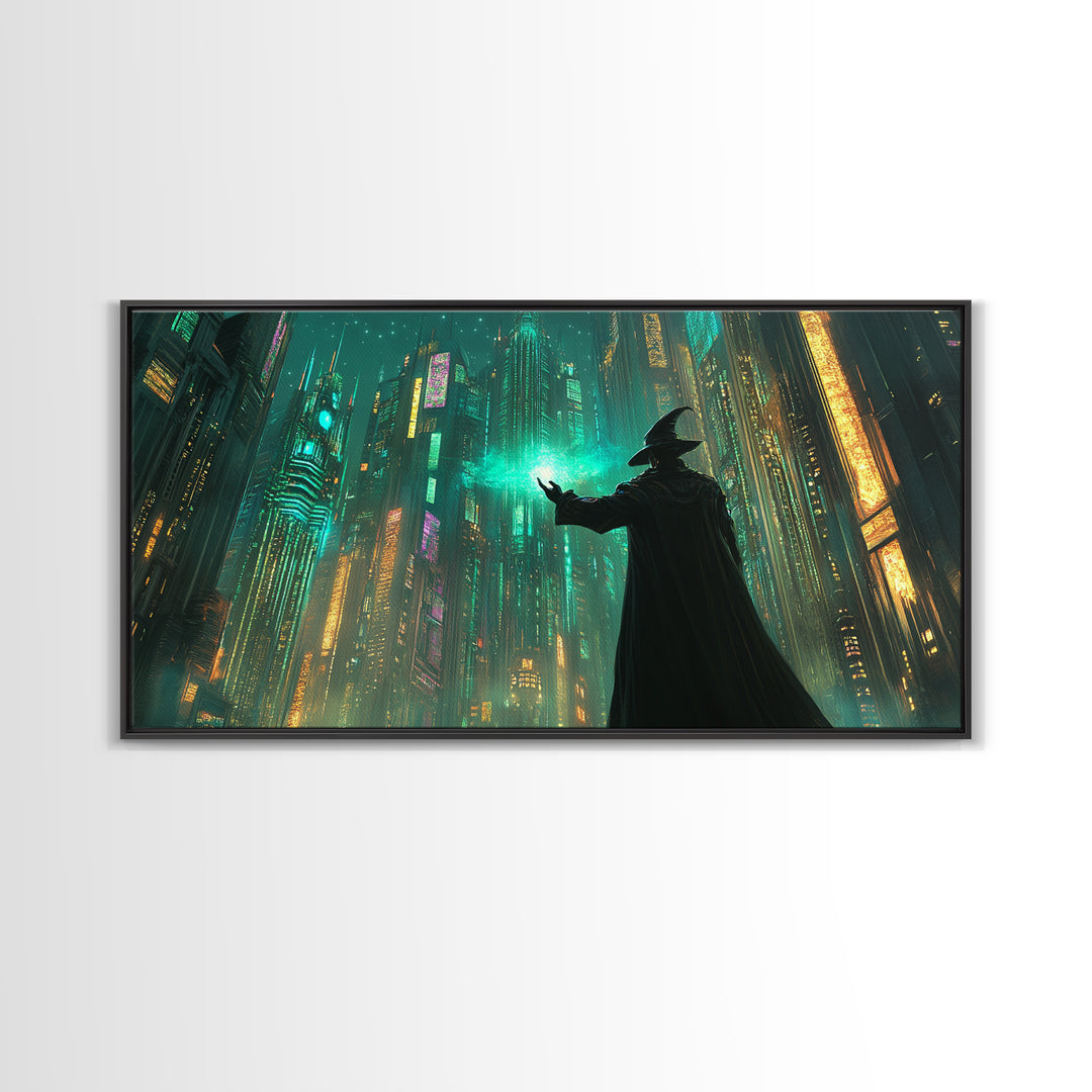 Wizard Casting Green Light In Futuristic Neon City Framed Canvas Print, Cyberpunk Wall Art For Sci Fi Office Decor And Gaming Room