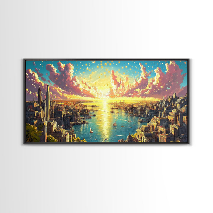 Panoramic Golden Harbor City At Sunrise Wall Art, Futuristic Coastal Canvas Print For Living Room Decor And Large Horizontal Art