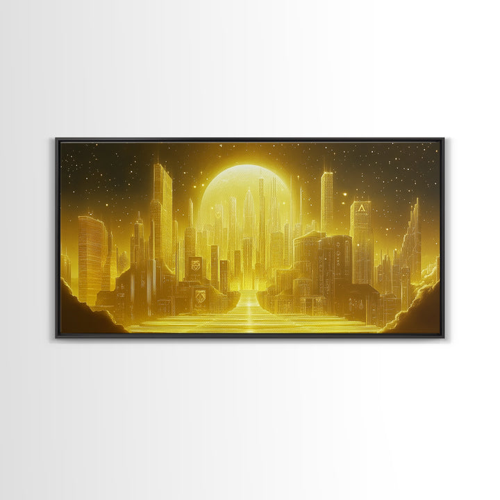 Golden Moon Over Futuristic Skyline And River Wall Art, Celestial City Canvas Print For Modern Office Decor And Sci Fi Home Decor