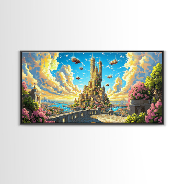Sunlit Floating Castle City Canvas Print, Fantasy Wall Art, Dreamy Landscape Decor For Large Living Room, Whimsical Sky Kingdom Art