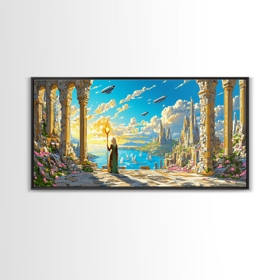 Ancient Ruins Over Ocean Canvas Print, Fantasy Wall Art, Coastal Sky Kingdom Landscape, Whimsical Living Room Decor And Office Art