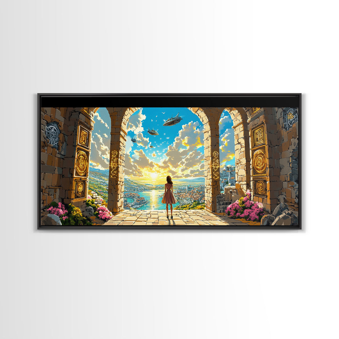 Girl At Golden Archway Canvas Print, Fantasy Wall Art, Magical City View, Whimsical Bedroom Decor And Nursery Wall Art Print