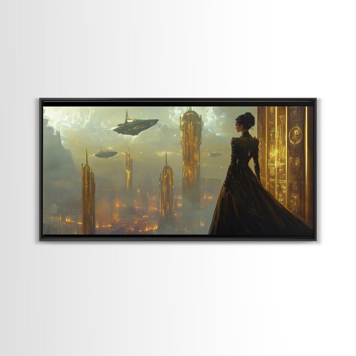 Elegant Woman Over Golden City Framed Canvas Print, Fantasy Wall Art, Futuristic Skyline Decor, Dark Feminine Office Art