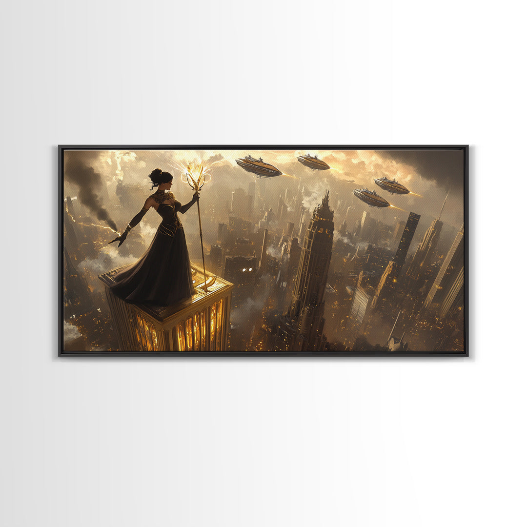 Dark Sorceress On Skyscraper Canvas Print, Fantasy Wall Art, Golden Dystopian City, Gothic Office Decor And Sci Fi Art For Him